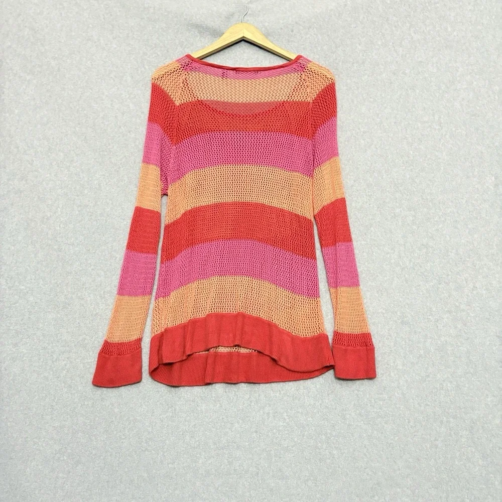 525 AMERICA Open Knit‎ Pink & Orange Stripe Sheer Long Sleeve Sweater Size XL